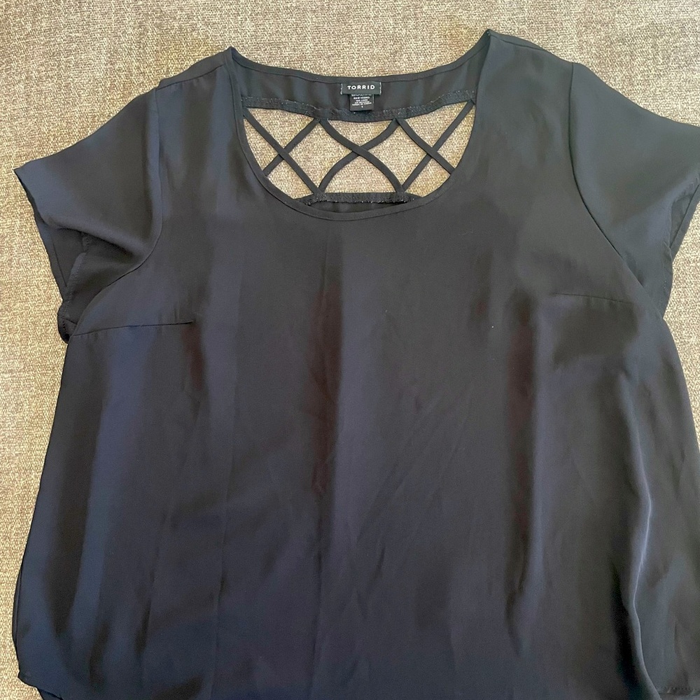 Torrid Black Blouse with Crosshatch Shoulder Detail
